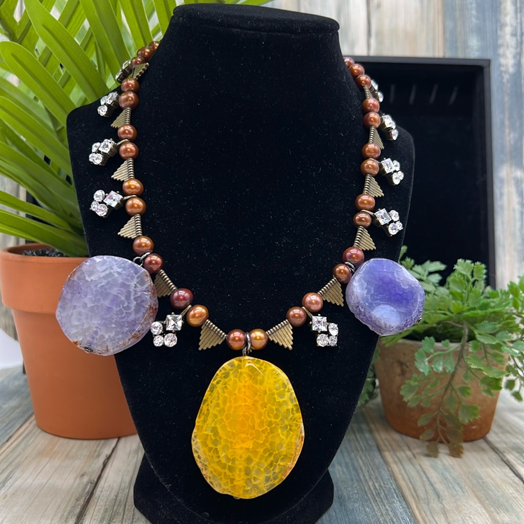 Adorned Crown Jewelry Assemblage Pearl Agate Slice Crystal Spike Necklace